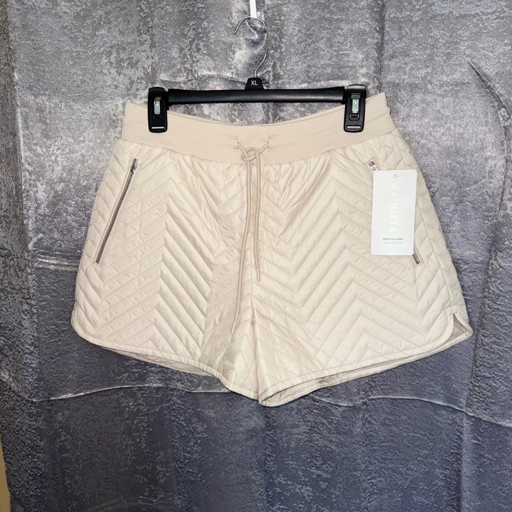 Athleta Apres Ski Short Women 4 Cream Chevron Quilted Insulated Drawstring Zip